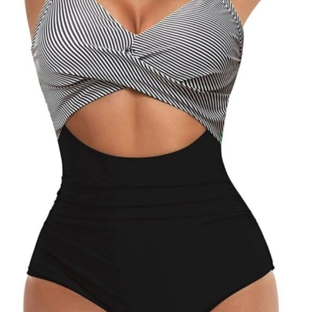 Eomenie Women's One Piece Swimsuits Bathing Suit Wrap Tie Back Black Stripes M